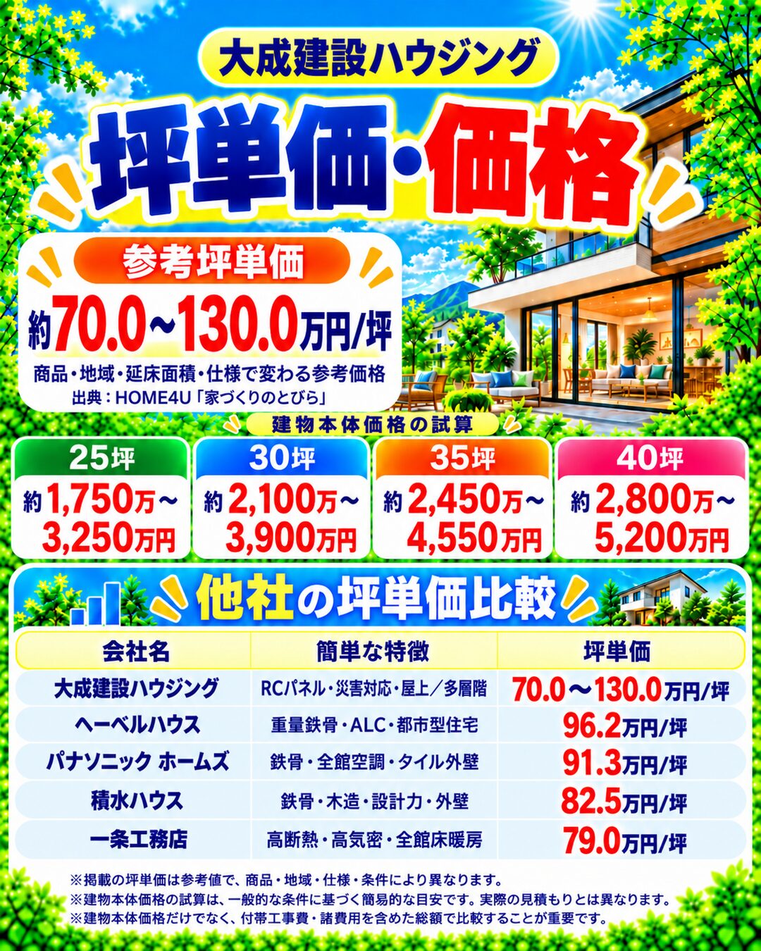 大成建設ハウジングの坪単価・価格｜総額・見積もり・値引き情報