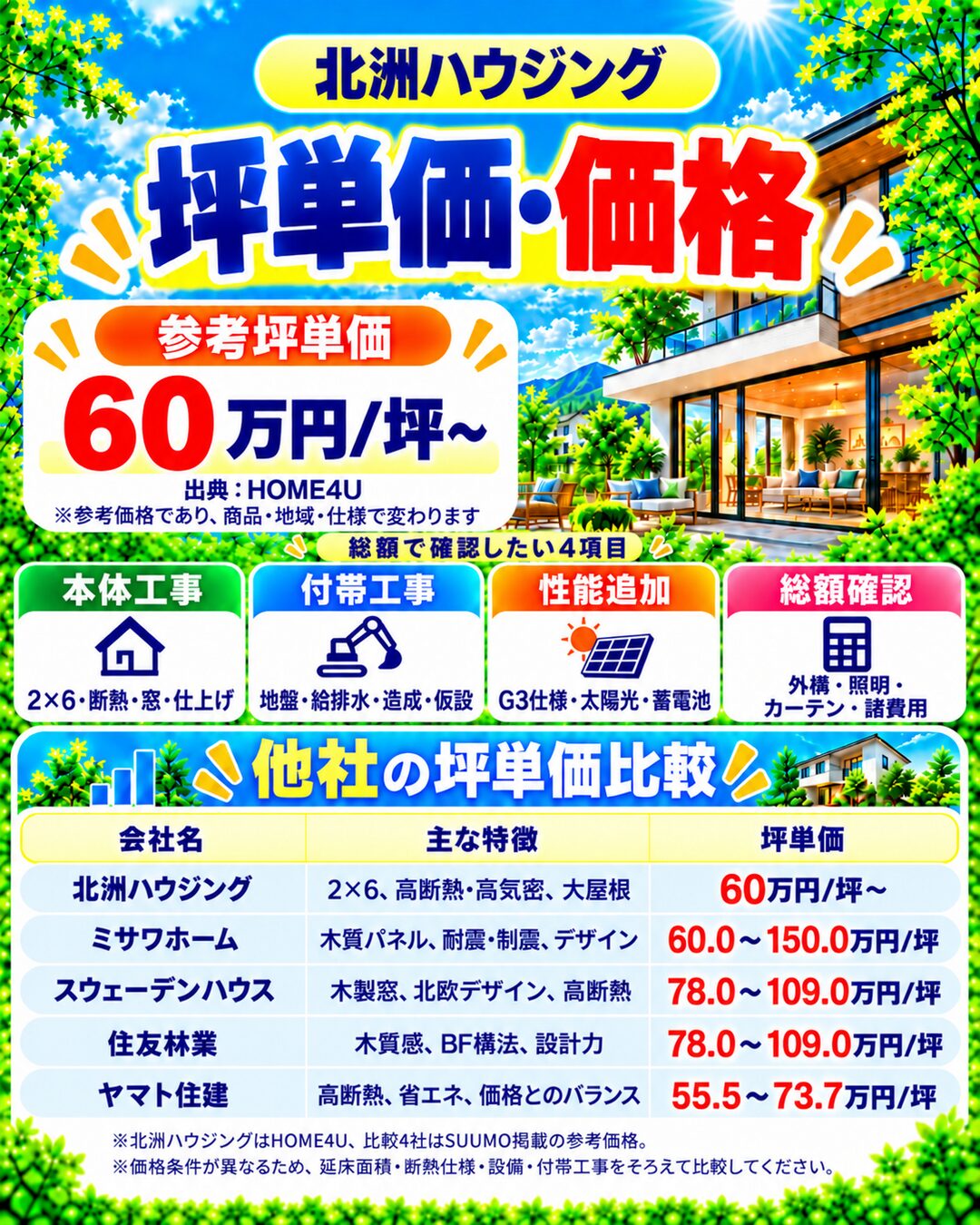 北洲ハウジングの坪単価・価格｜総額・見積もり・値引き情報