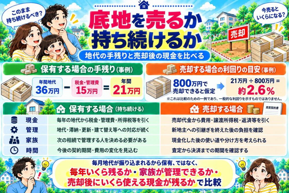 底地を売るか持ち続けるか｜地代の手残りと売却後の現金を比べる