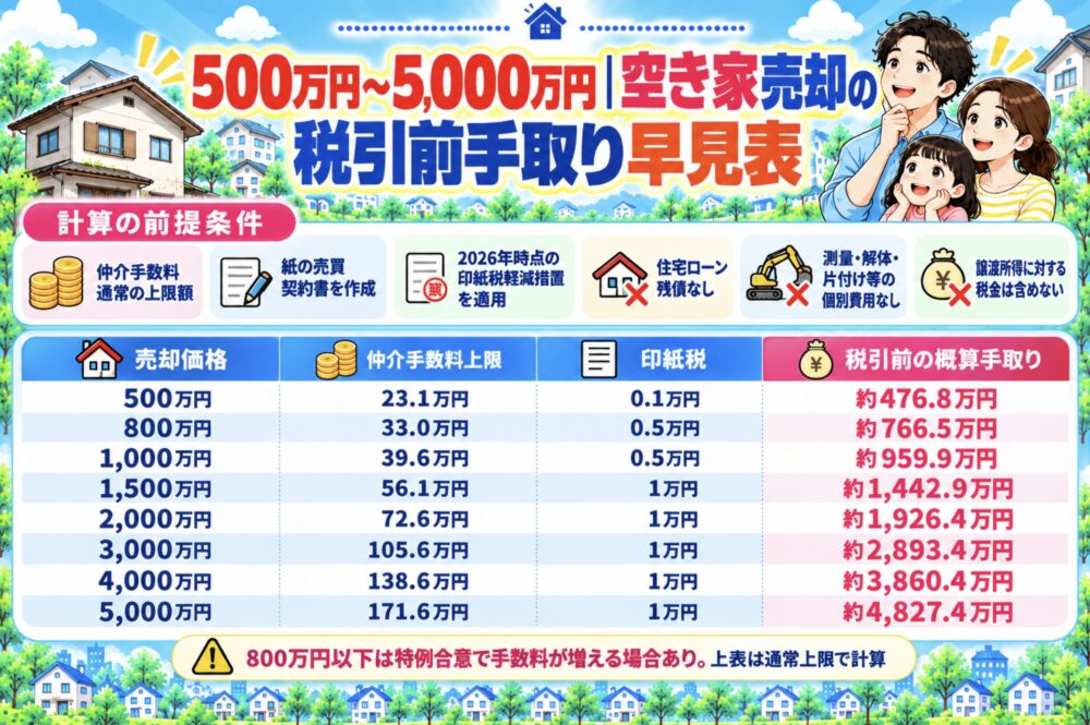 500万円～5,000万円｜空き家売却の税引前手取り早見表