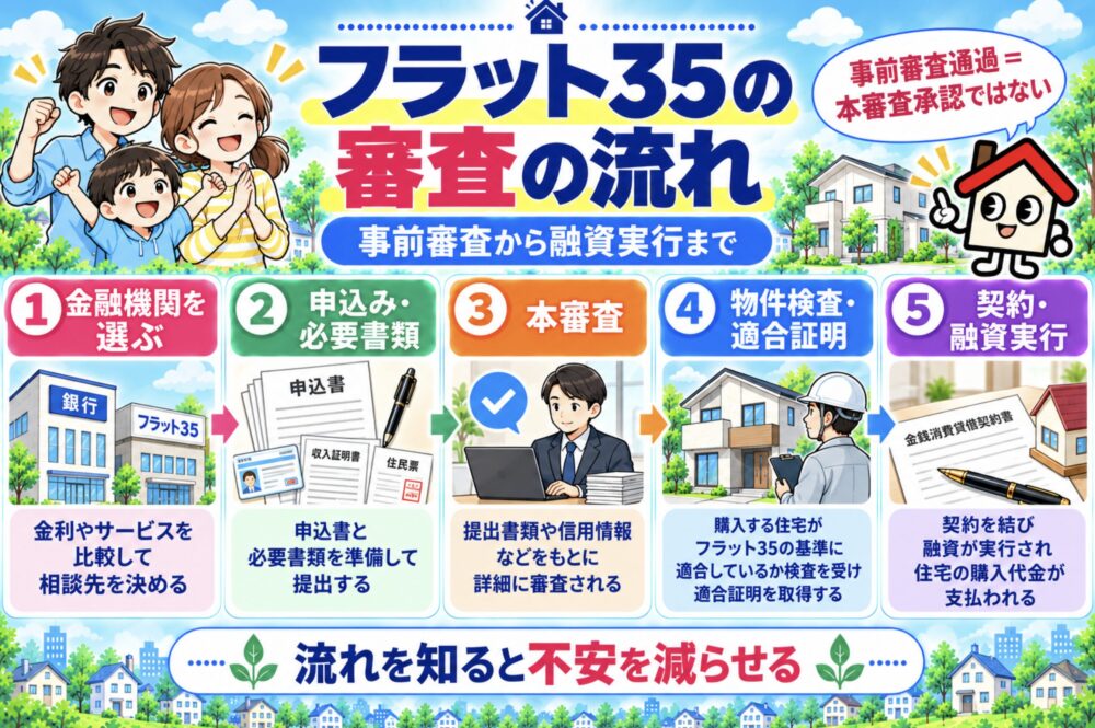 フラット35の審査の流れ|事前審査から融資実行まで