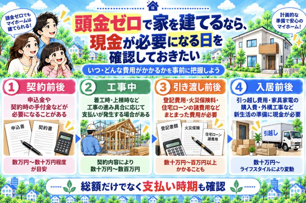 頭金ゼロで家を建てるなら、現金が必要になる日を確認しておきたい