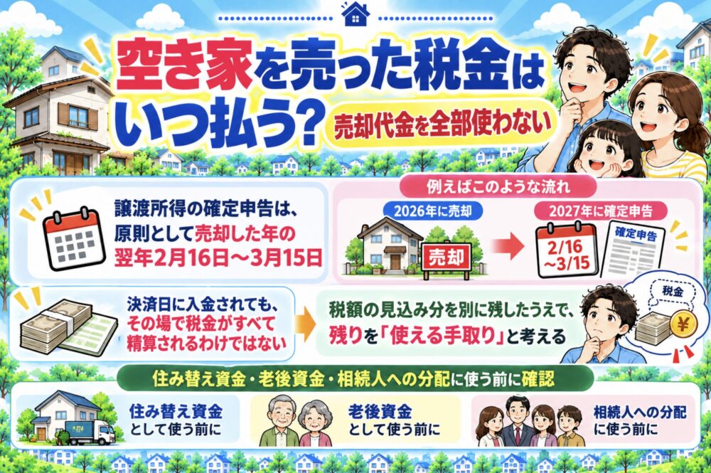 空き家を売った税金はいつ払う？売却代金を全部使わない