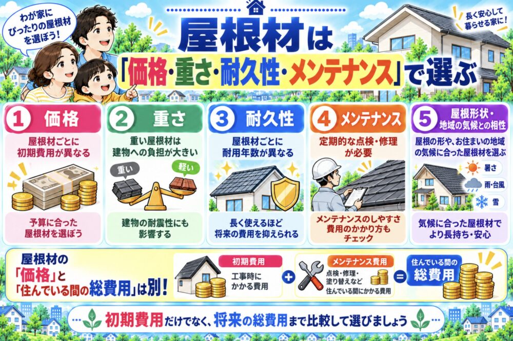 屋根材は「価格・重さ・耐久性・メンテナンス」で選ぶ