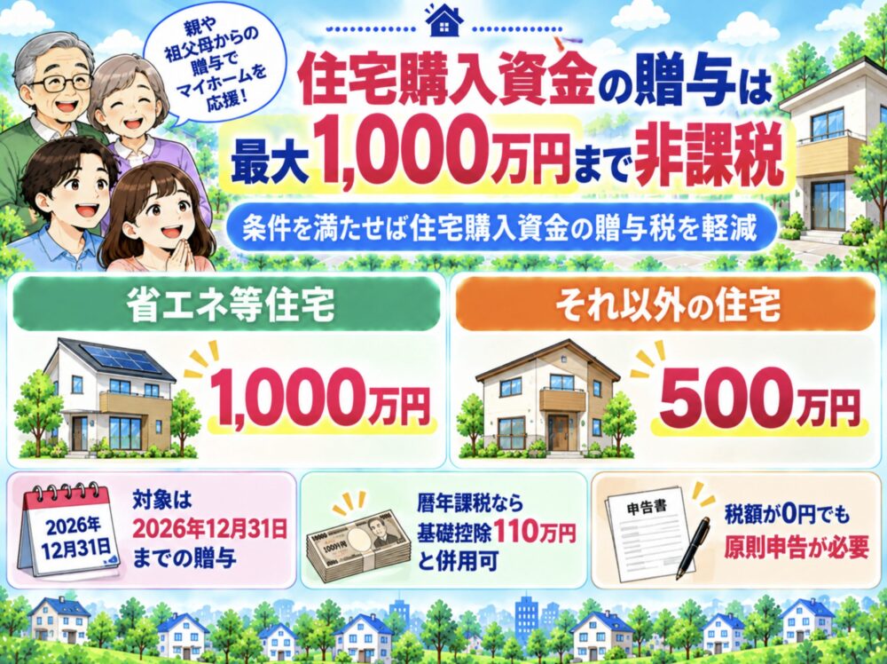 贈与税　住宅購入資金の贈与は最大1,000万円まで非課税