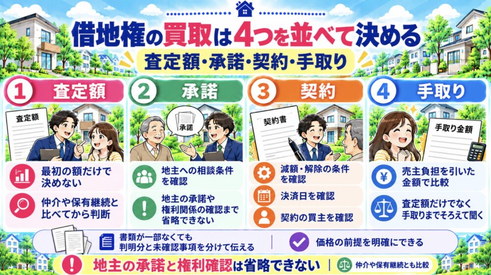 借地権の買取は「査定額・承諾・契約・手取り」を並べて決める