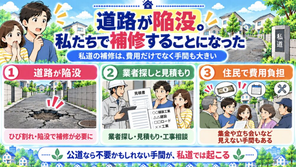 道路が陥没。私たちで補修することになった