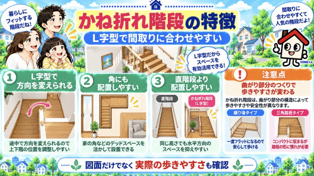 かね折れ階段の特徴｜L字型で間取りに合わせやすい