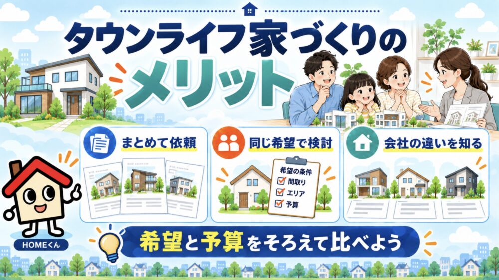 タウンライフ家づくりのメリットは、各社の提案を同じ希望で検討できること