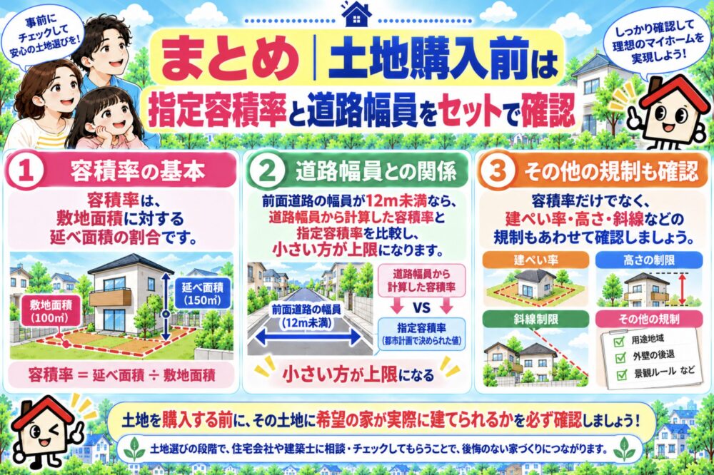 まとめ|土地購入前は指定容積率と道路幅員をセットで確認