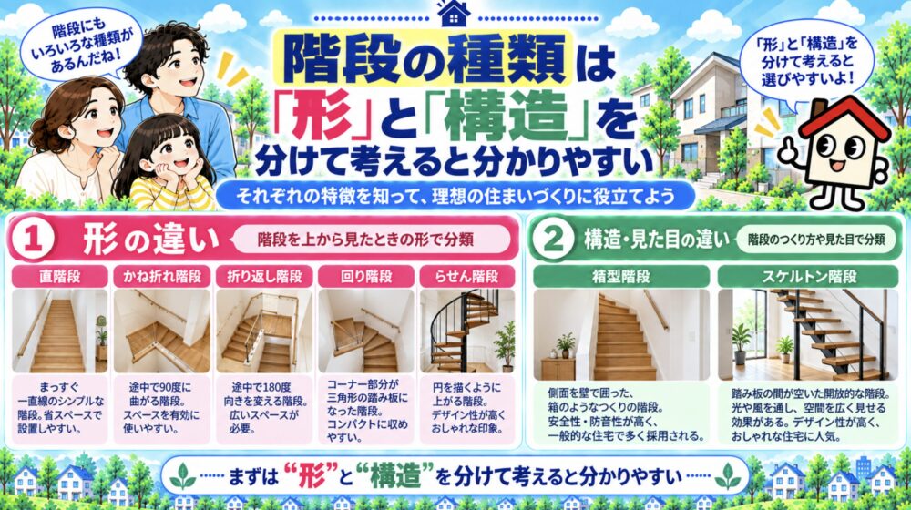 階段の種類は「形」と「構造」を分けて考えると分かりやすい