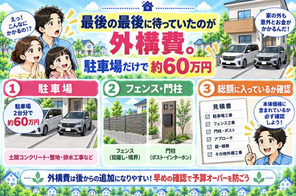 最後の最後に待っていたのが外構費。駐車場だけで約60万円