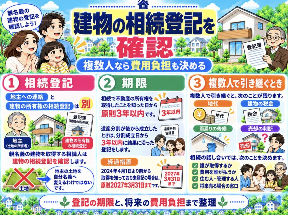親名義の建物は相続登記を確認。複数人で引き継ぐなら費用負担も決める　借地権