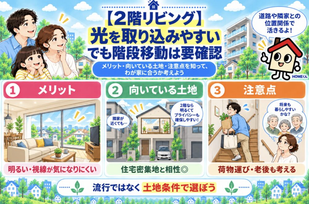 【2階リビング】日当たりとプライバシーを確保しやすい