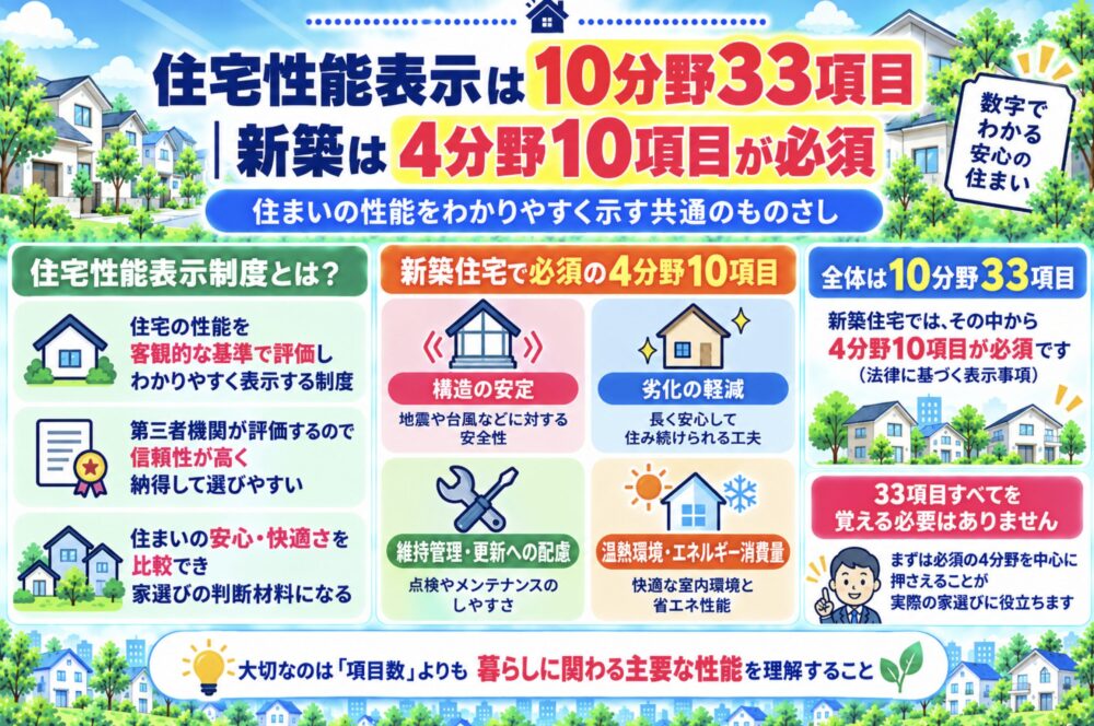 住宅性能表示は10分野33項目|新築は4分野10項目が必須