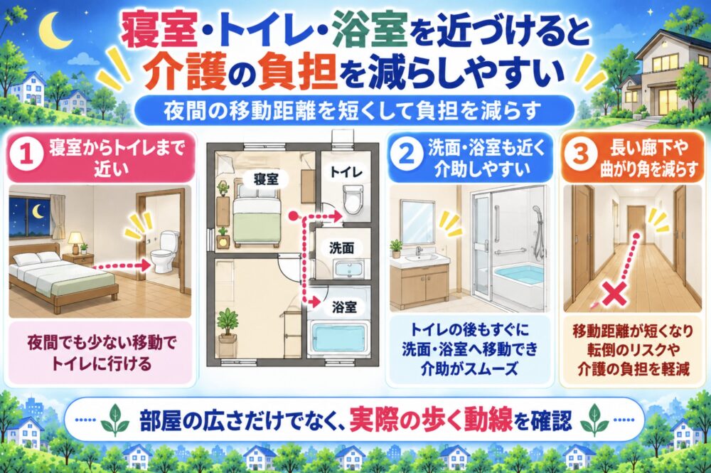 寝室・トイレ・浴室を近づけると介護の負担を減らしやすい