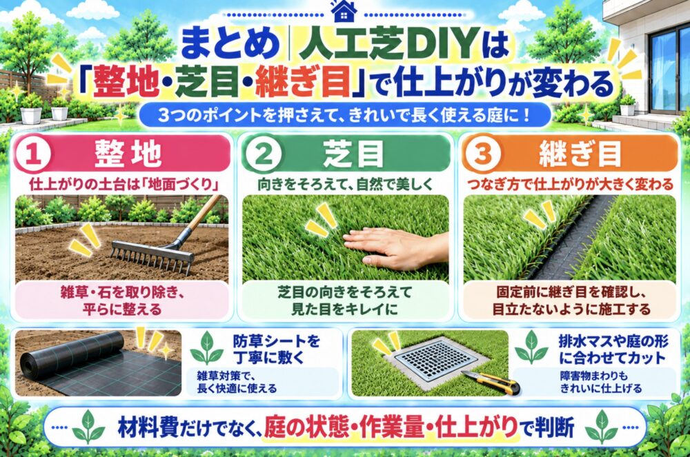 まとめ｜人工芝DIYは「整地・芝目・継ぎ目」で仕上がりが変わる