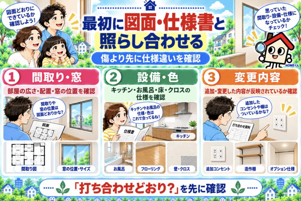 最初に図面・仕様書と照らし合わせる
