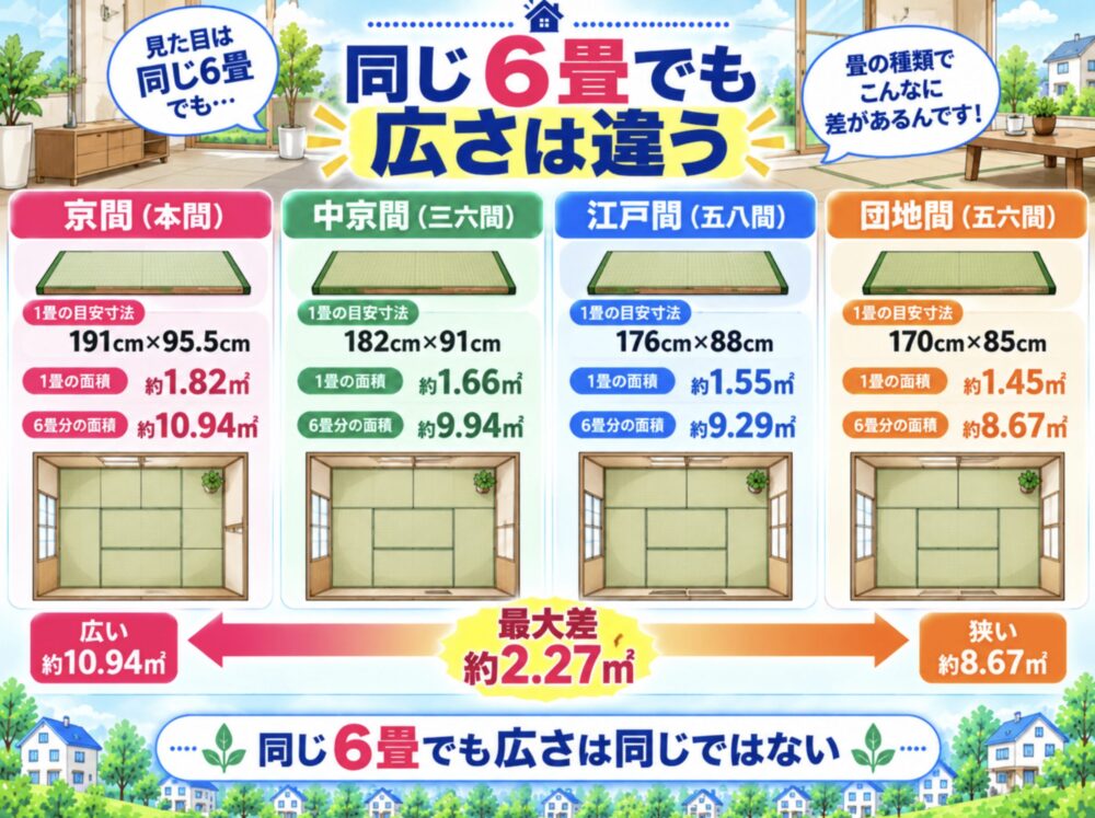 同じ6畳でも畳の種類によって広さは違う