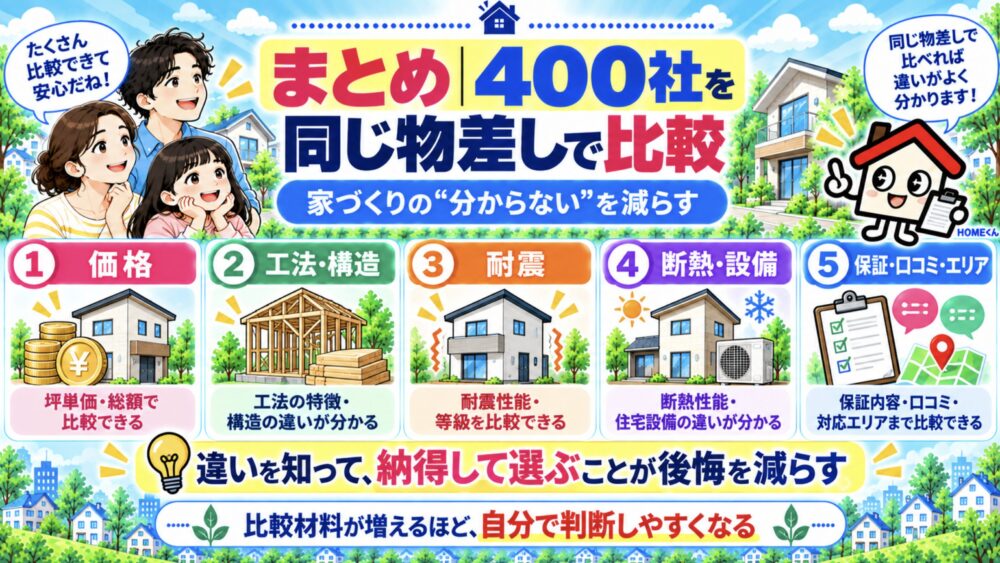 まとめ｜400社を同じ物差しで比較し、家づくりの「分からない」を減らす