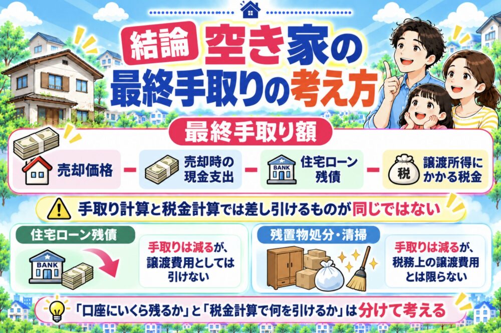 空き家の最終手取りは「売却価格－費用－ローン－税金」