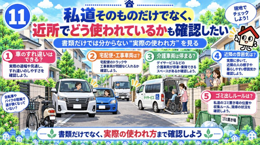 私道そのものだけでなく、近所でどう使われているかも確認したい
