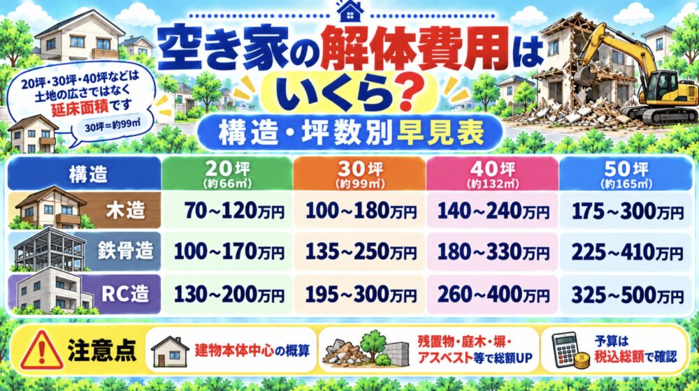 空き家の解体費用はいくら？構造・坪数別早見表