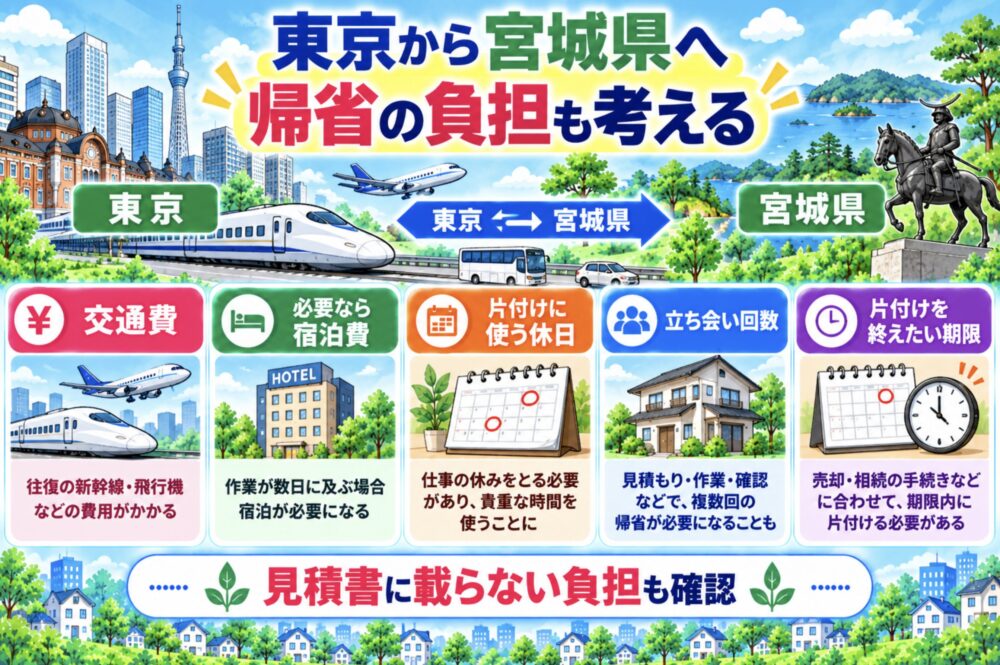遺品整理　東京から宮城県へ帰る人にとって、交通費と休日も片付けの負担