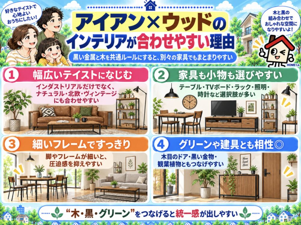 アイアン×ウッドのインテリアが合わせやすい理由
