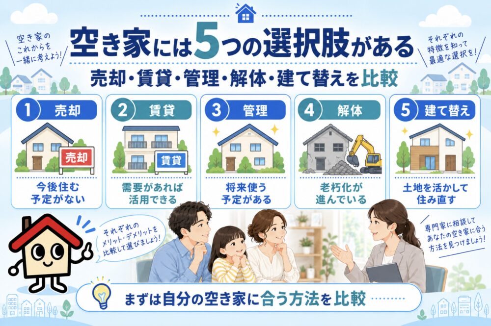 空き家には5つの選択肢がある｜売却・賃貸・管理・解体・建て替えを比較