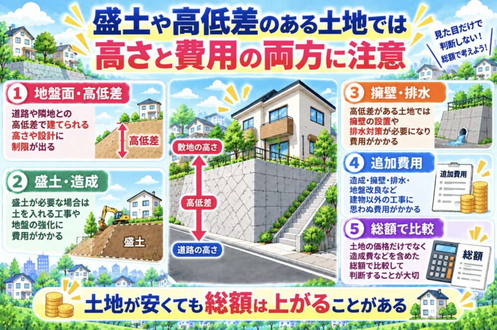 盛土や高低差のある土地では高さと費用の両方に注意