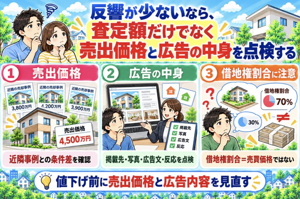 反響が少ないなら、査定額だけでなく売出価格と広告の中身を点検する 借地権
