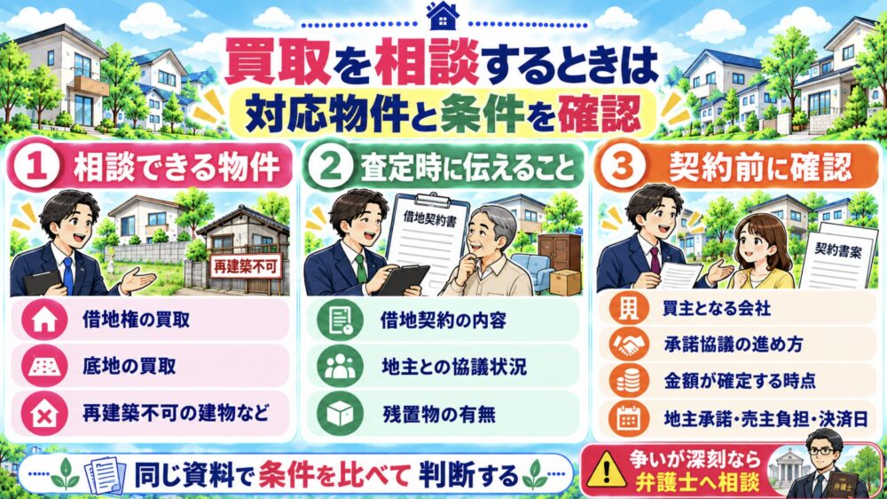 借地権・底地の買取を相談したいときは、対応物件と取引条件を確認