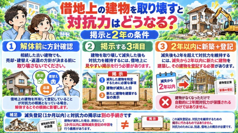 借地上の建物を取り壊すと対抗力はどうなる？掲示と2年の条件