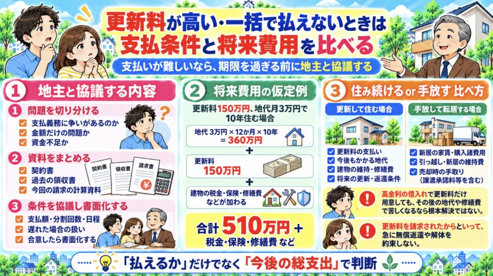 更新料が高い・一括で払えないときは、支払条件と将来費用を比べる　借地権
