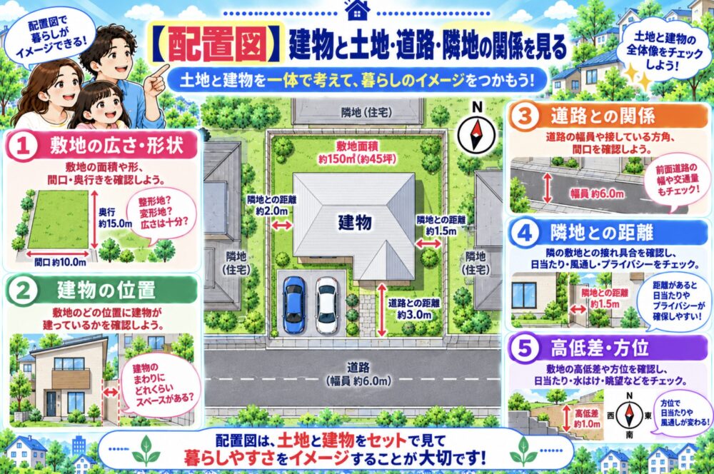 【配置図】建物と土地・道路・隣地の関係を見る