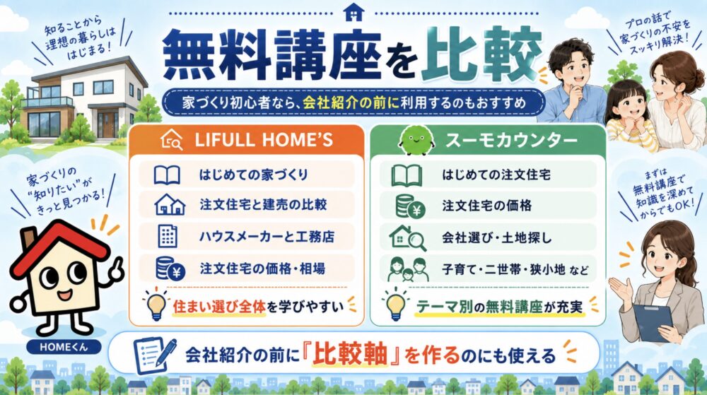 LIFULL HOME'S住まいの窓口・スーモカウンター無料講座を比較｜家づくり初心者なら会社紹介の前に利用するのもおすすめ