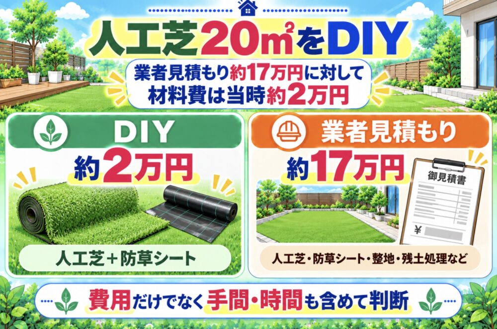 人工芝20㎡をDIY｜業者見積もり約17万円に対して材料費は当時約2万円
