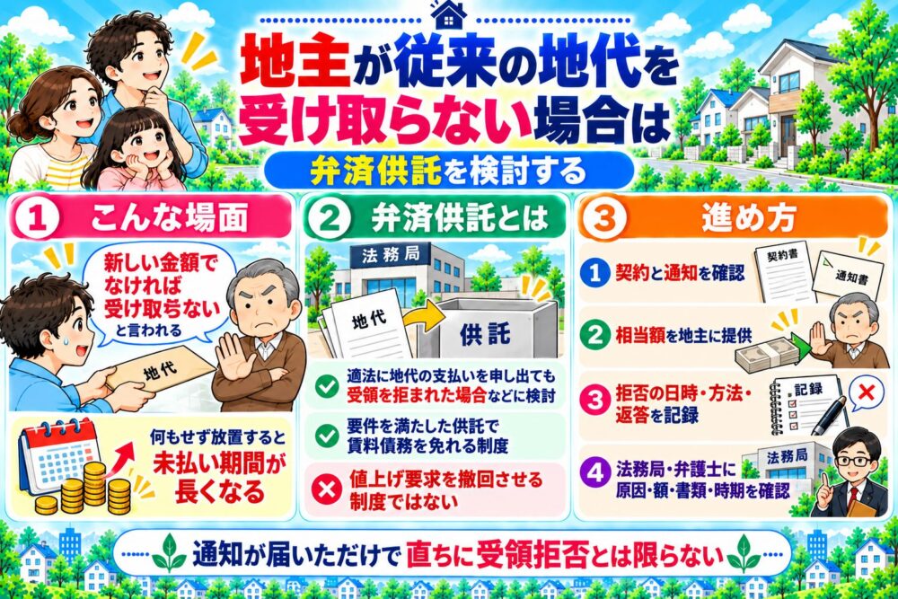 地主が従来の地代を受け取らない場合は、弁済供託を検討する