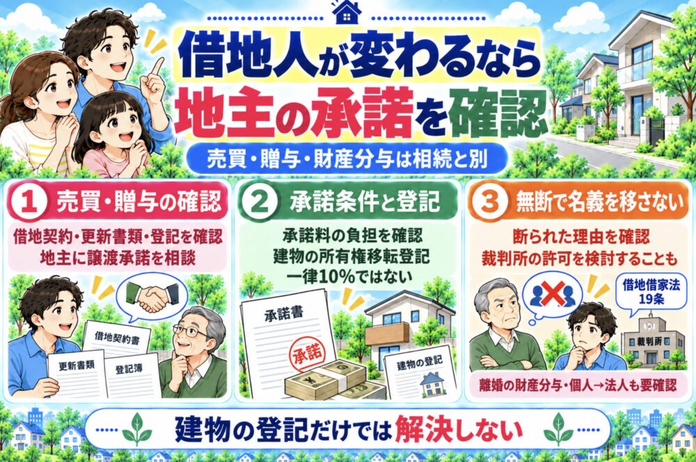 相続で名義が変わる場合は、地主への連絡と建物の相続登記を進める