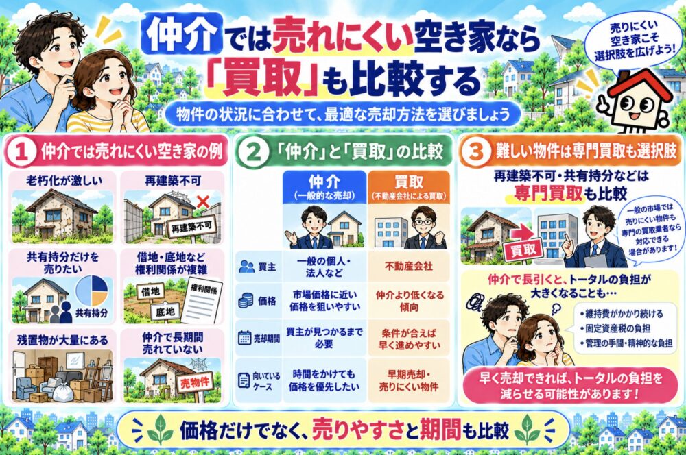 仲介では売れにくい空き家なら「買取」も比較する