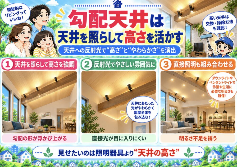 勾配天井は天井を照らして高さを活かす