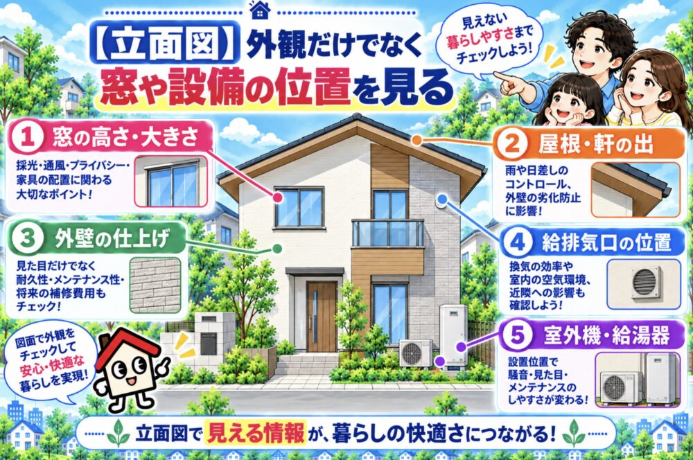 【立面図】外観だけでなく窓や設備の位置を見る