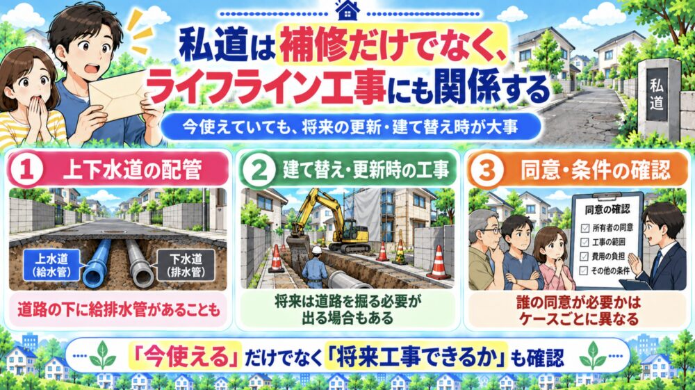 私道は補修だけでなく、ライフライン工事にも関係する