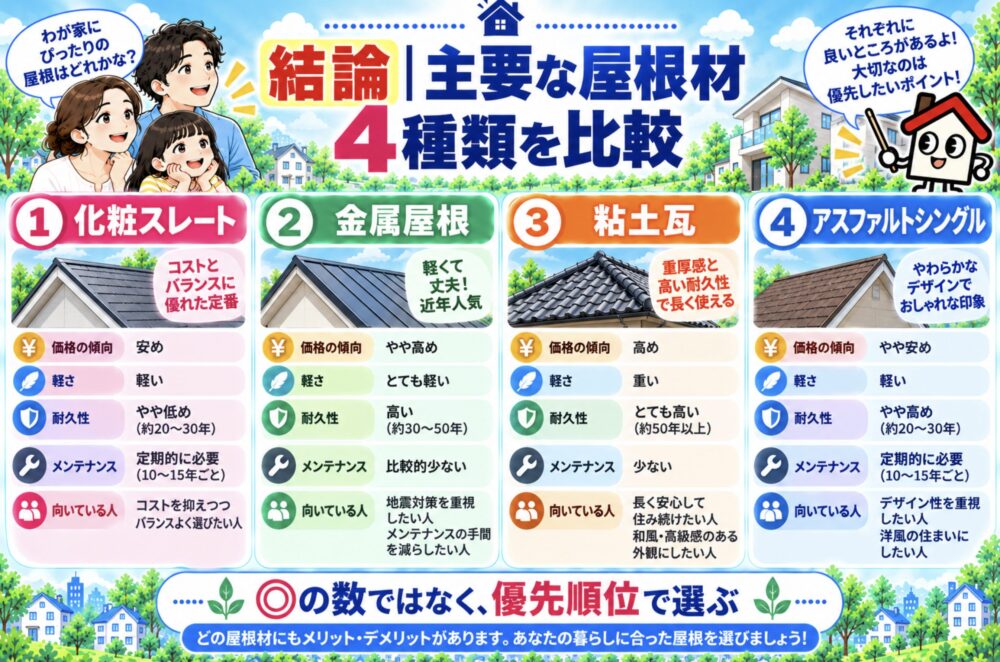 結論|主要な屋根材4種類を比較
