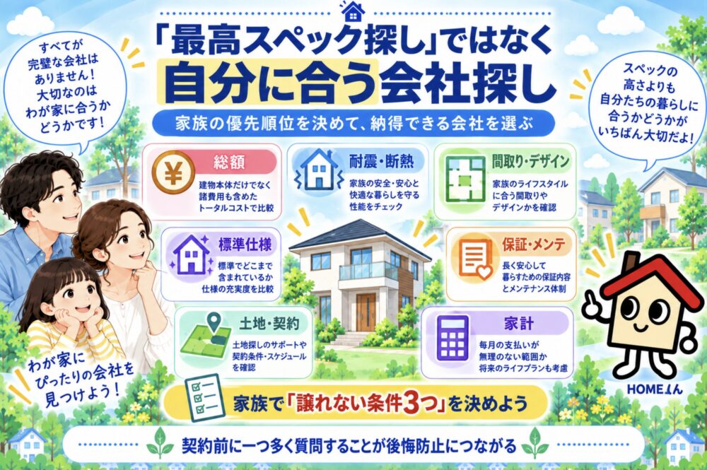 まとめ｜ハウスメーカー比較は「最高スペック探し」ではなく自分に合う会社探し