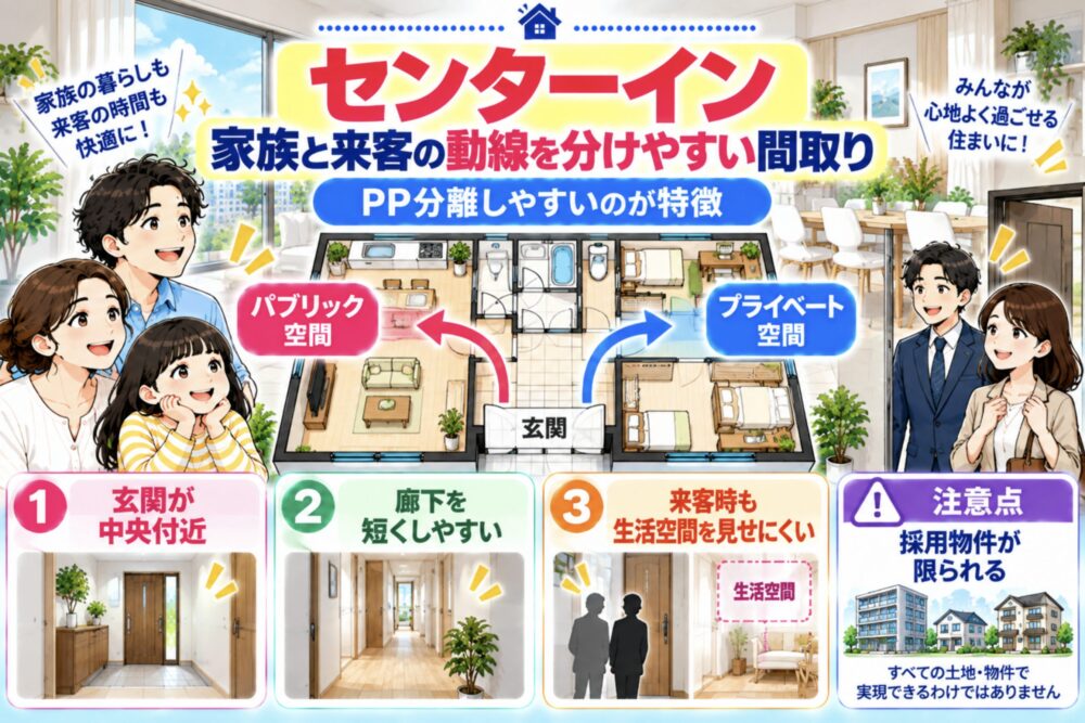センターイン｜家族と来客の動線を分けやすい間取り