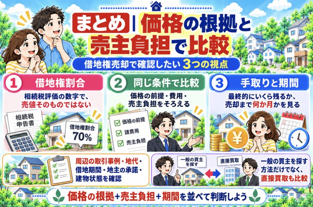まとめ｜借地権割合ではなく、価格の根拠と売主負担で比較する