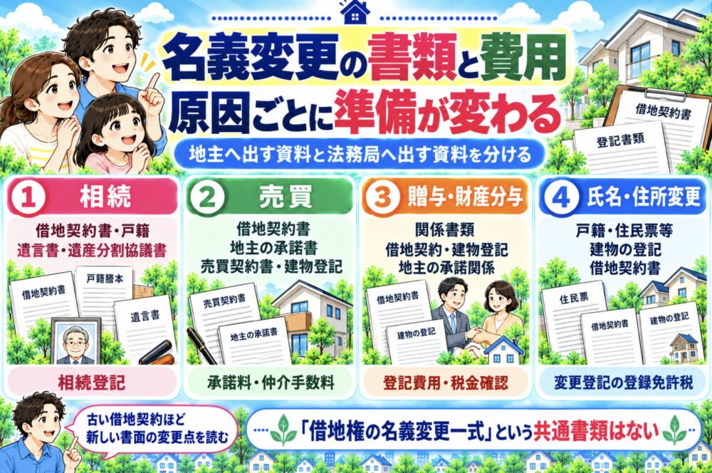 名義変更に必要な書類と費用は、変更の原因ごとに準備する　借地権