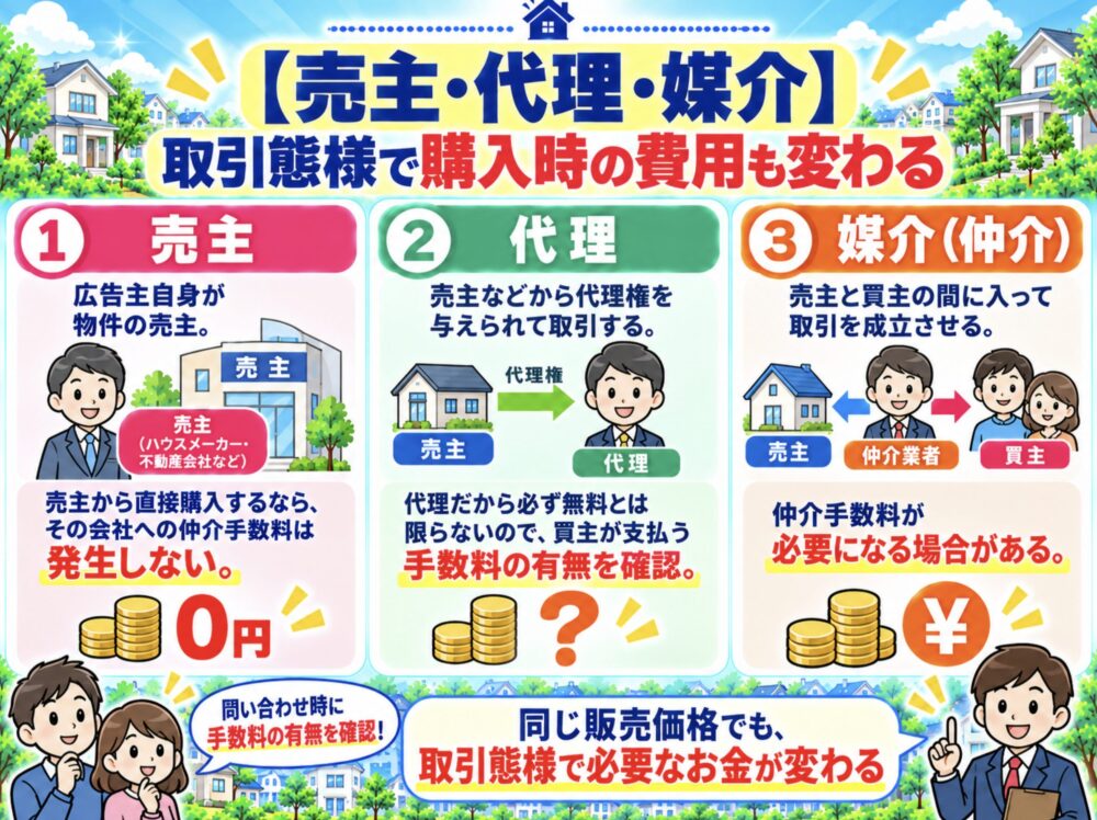 戸建てのチラシの見方・注意点【売主・代理・媒介】取引態様で購入時の費用も変わる